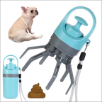 Light blue and gray plastic portable dog poop scooper with extendable claws and built-in poop bag dispenser