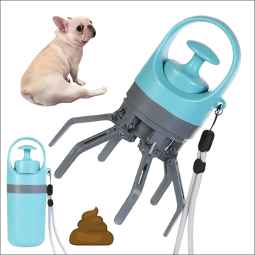 Light blue and gray plastic portable dog poop scooper with extendable claws and built-in poop bag dispenser