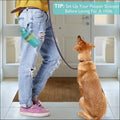 Teal and gray portable dog poop scooper with poop bag dispenser and handle attached to a belt loop