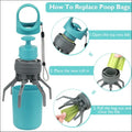 Teal and gray portable dog poop scooper with handle lid and claw arms featuring poop bag dispenser for easy waste removal
