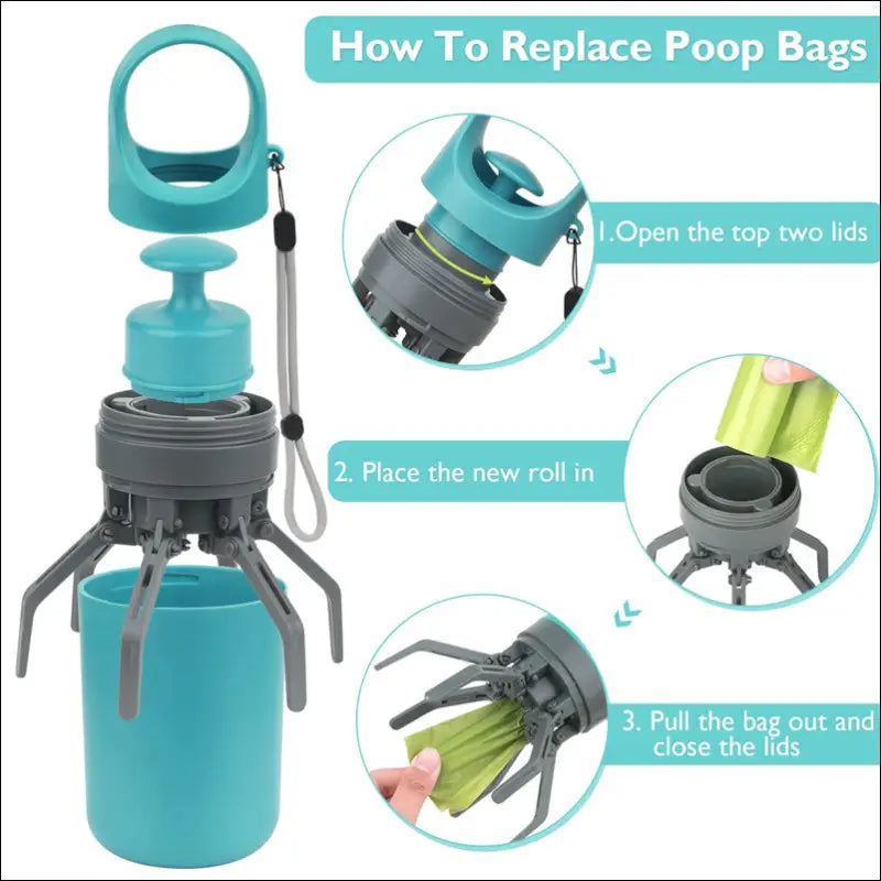Teal and gray portable dog poop scooper with handle lid and claw arms featuring poop bag dispenser for easy waste removal