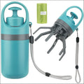 Teal and gray portable dog poop scooper with integrated grabber and poop bag dispenser for convenient waste disposal