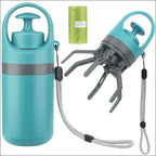 Teal and gray portable dog poop scooper with integrated grabber and poop bag dispenser for convenient waste disposal