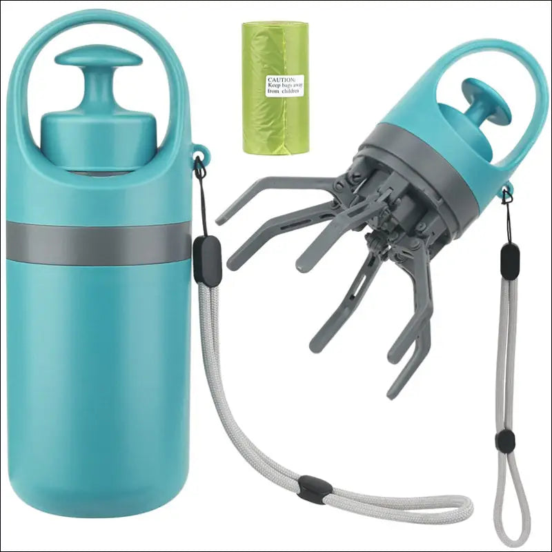 Teal and gray portable dog poop scooper with integrated grabber and poop bag dispenser for convenient waste disposal