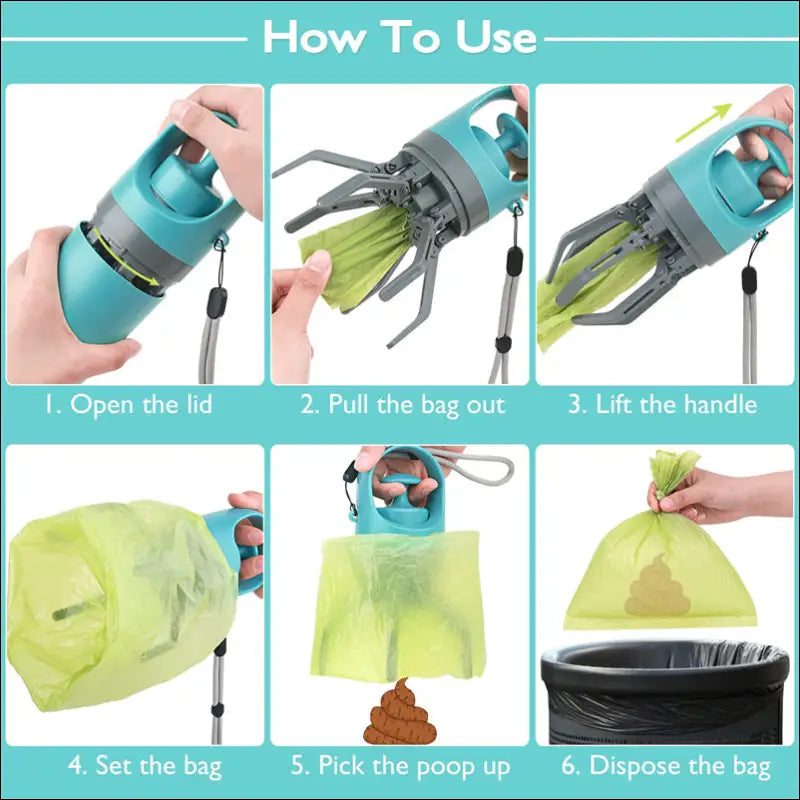 Portable dog poop scooper in teal and gray with retractable handle and built-in poop bag dispenser for easy disposal