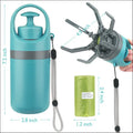 Teal and gray portable dog poop scooper with poop bag dispenser grabber tool and water bottle for pet waste disposal