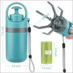 Teal and gray portable dog poop scooper with poop bag dispenser grabber tool and water bottle for pet waste disposal