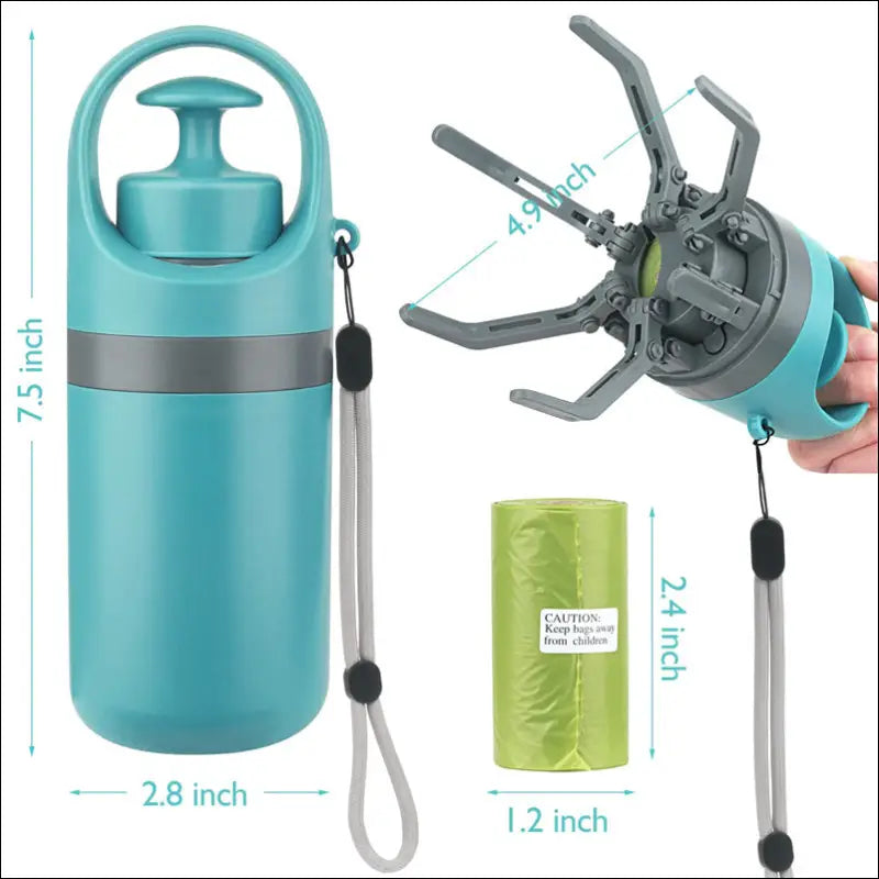 Teal and gray portable dog poop scooper with poop bag dispenser grabber tool and water bottle for pet waste disposal