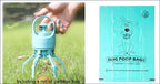Portable light blue plastic dog poop scooper with handle and four legs and matching leakproof poop bag dispenser
