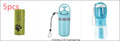 Light blue travel water bottle with pump top gray accent and wrist strap designed as a portable dog poop bag dispenser
