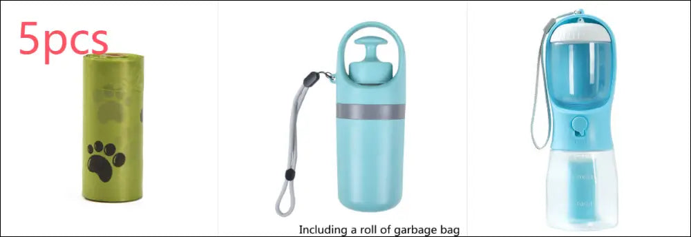 Light blue travel water bottle with pump top gray accent and wrist strap designed as a portable dog poop bag dispenser