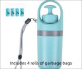 Light blue portable dog poop scooper with gray accent band and poop bag dispenser for waste disposal