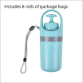 Light blue cylindrical portable dog poop scooper with gray accent band and integrated handle with poop bag dispenser