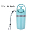 Light blue insulated water bottle with gray accent band and pump lid designed as a portable dog poop bag dispenser
