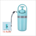 Light blue insulated portable dog poop scooper with pump top handle and integrated poop bag dispenser for easy disposal