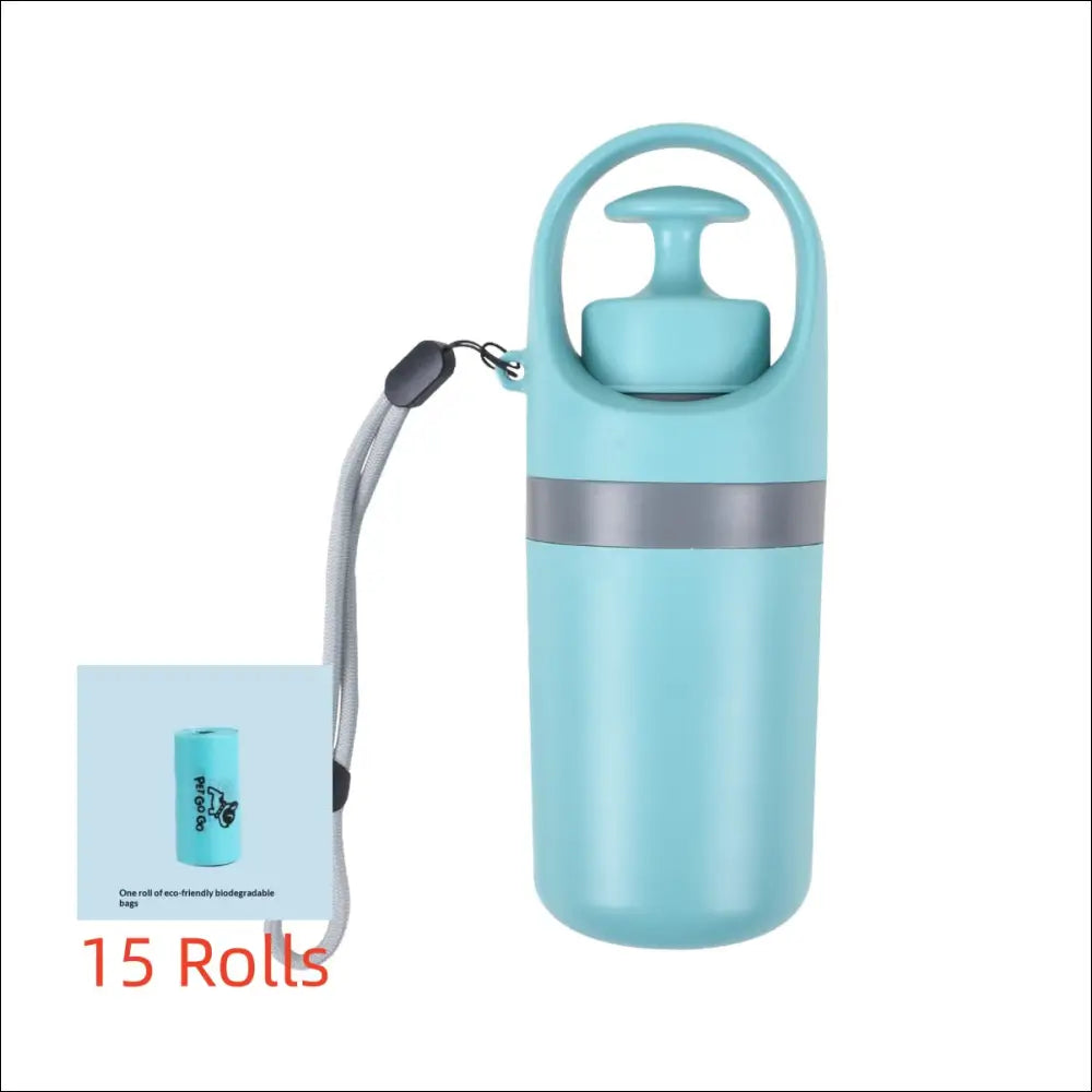 Light blue insulated portable dog poop scooper with pump top handle and integrated poop bag dispenser for easy disposal