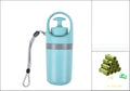 Light blue portable dog poop scooper with gray accent band and integrated handle featuring a poop bag dispenser