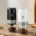 Black and white portable electric ceramic coffee grinders with textured metallic band and usb charging capability