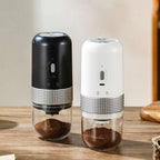 Black and white portable electric ceramic coffee grinders with textured metallic band and usb charging capability