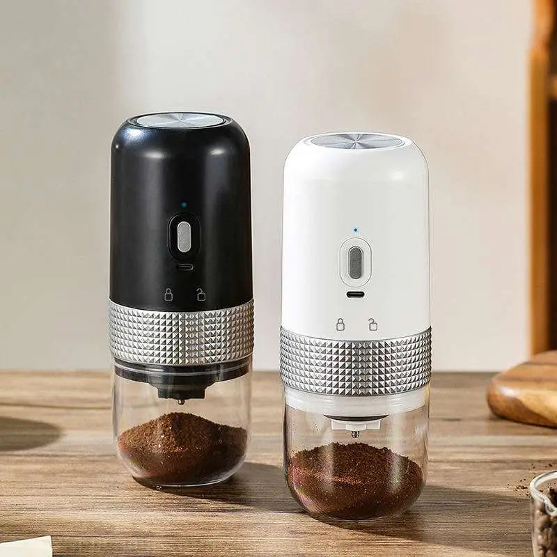 Black and white portable electric ceramic coffee grinders with textured metallic band and usb charging capability