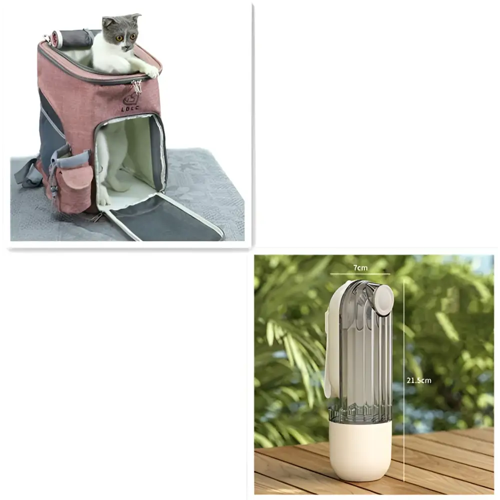 Pink and gray pet carrier with soft lining and compartments shown alongside a portable green dog walking pet water cup