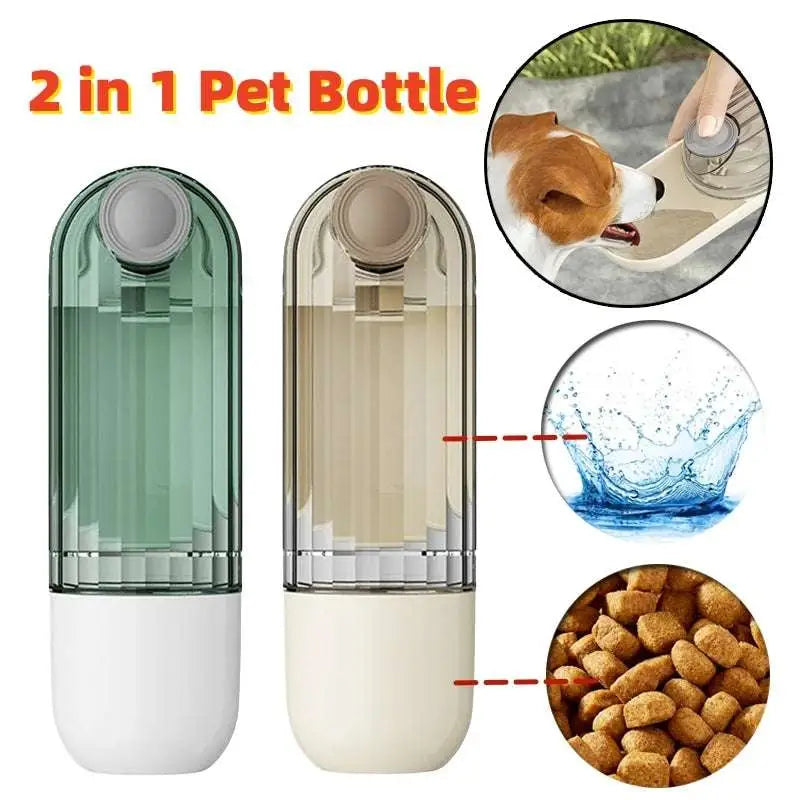 Two translucent pet water cups in green and beige with white base and silver cap for portable green dog walking use