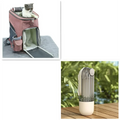 Pink and gray pet carrier with front opening and side pockets holding a cat beside a green dog walking pet water cup