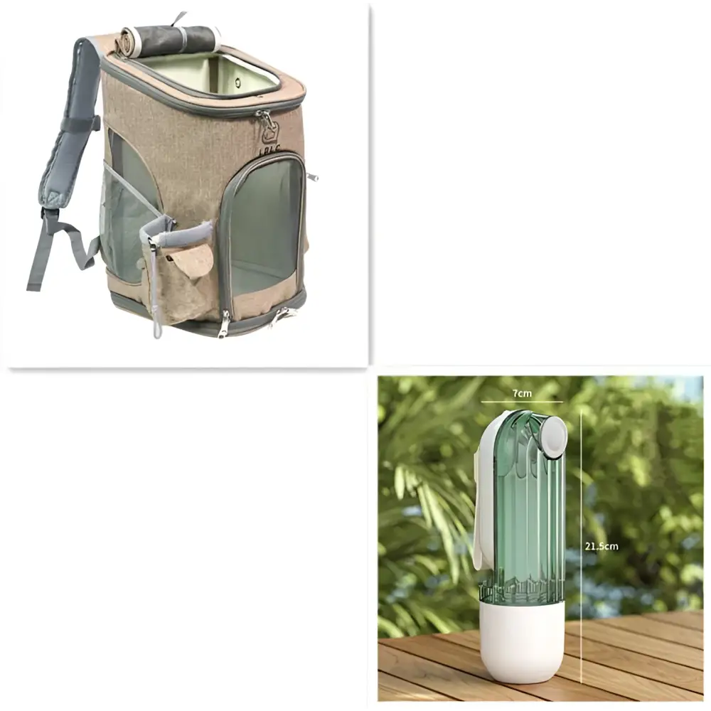 Beige and green portable pet carrier with mesh panels, gray padded straps, and roll-up top for green dog walking use