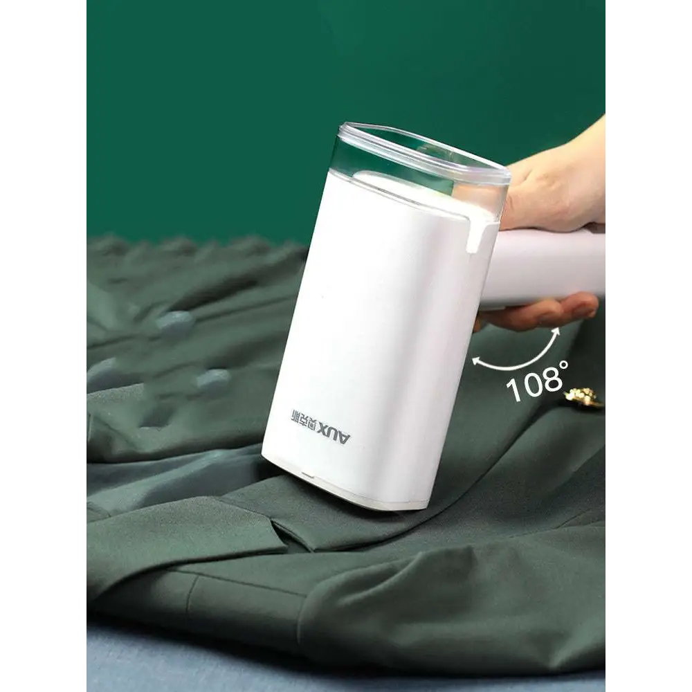 White portable handheld hanging ironing machine with transparent water tank and sleek cylindrical design with folding handle