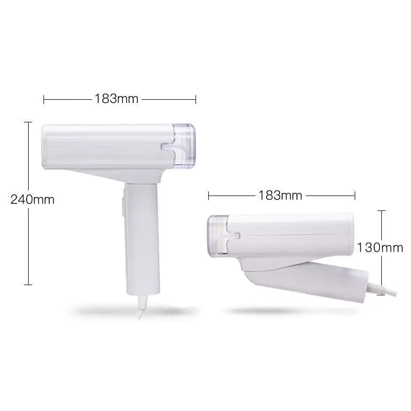 Portable handheld hanging ironing machine with white plastic body and transparent water tank for efficient steaming