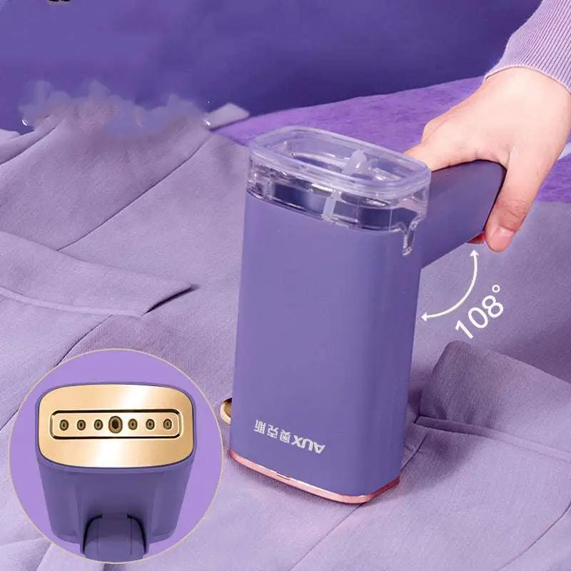 Portable handheld hanging ironing machine in purple with gold nozzle and transparent water tank for easy use