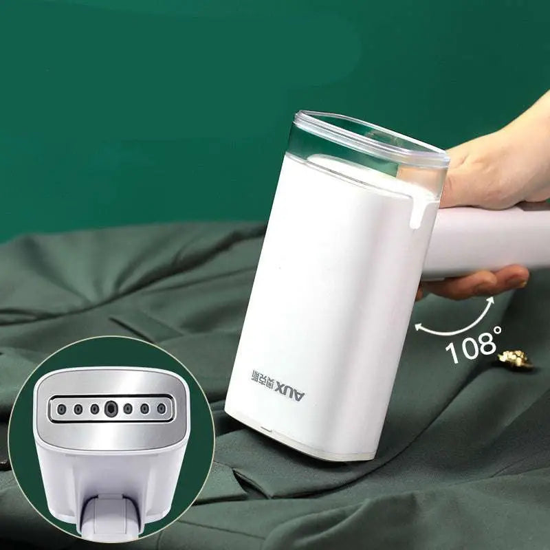 White portable handheld hanging ironing machine with transparent water tank and silver steam nozzle for garment care