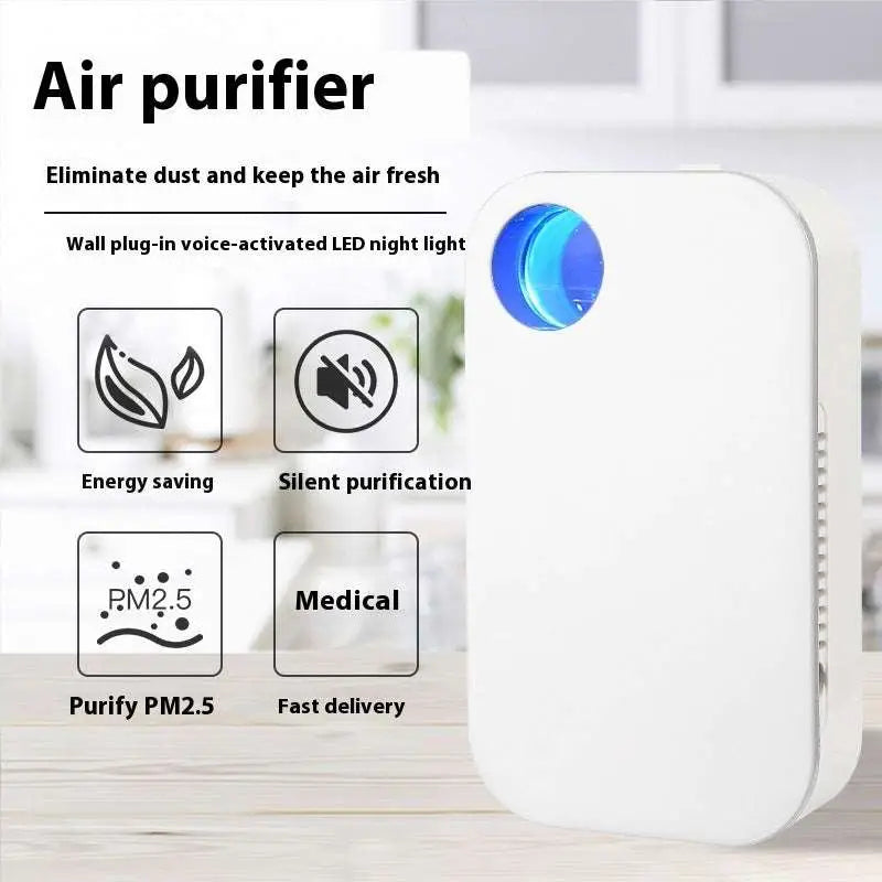 White wall-plug-in household anion purifier with blue circular LED night light for odor removal and portable use