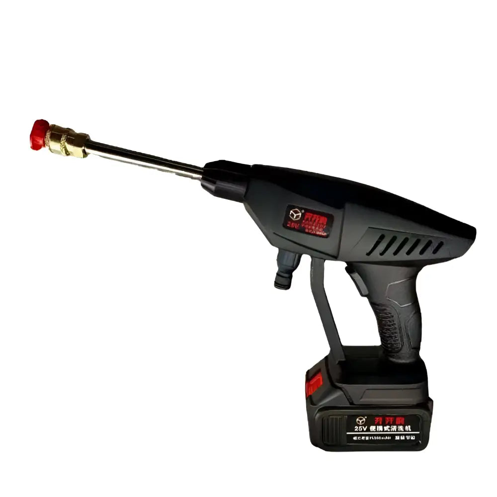 Black cordless portable household lithium car washing machine with red trigger and brass nozzle for efficient cleaning