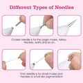White-handled derma roller needles with metallic tips in various sizes for skin tag repair in portable lcd skin tag repair kit