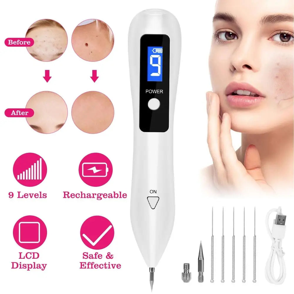White portable lcd skin tag repair kit pen with digital display and multiple interchangeable needle tips for skin tag repair