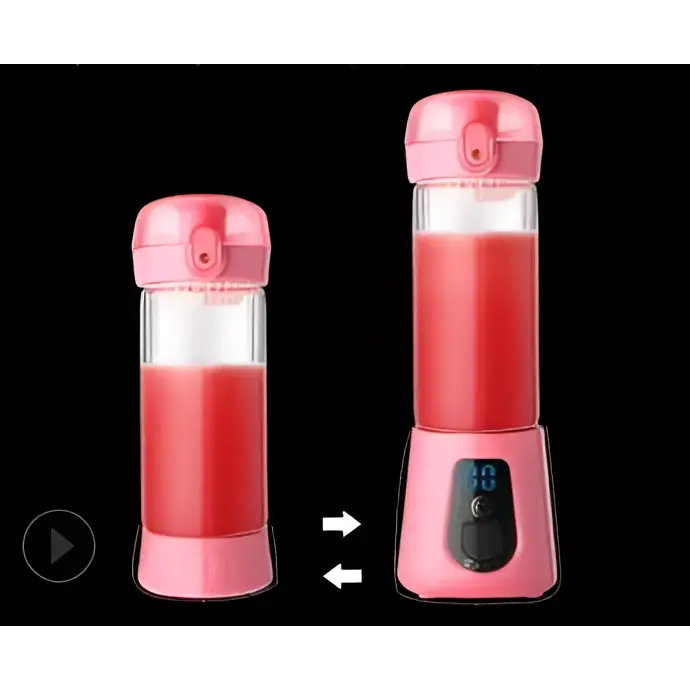 Four colorful portable mini electric juice cup glass blenders with transparent bodies and vibrant lids in pink purple green and blue