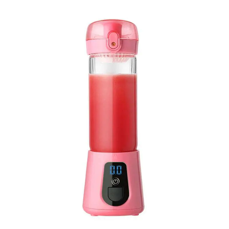 Pink portable mini electric juice cup blender with clear glass container and digital display for easy blending