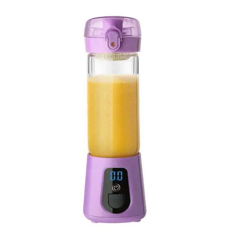 Portable mini electric purple blender with clear glass container filled with orange juice and digital display base