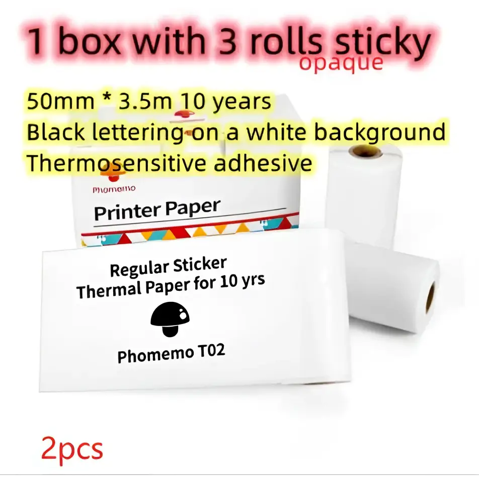 White portable mini label printer rolls with black lettering thermosensitive adhesive and 10-year durability