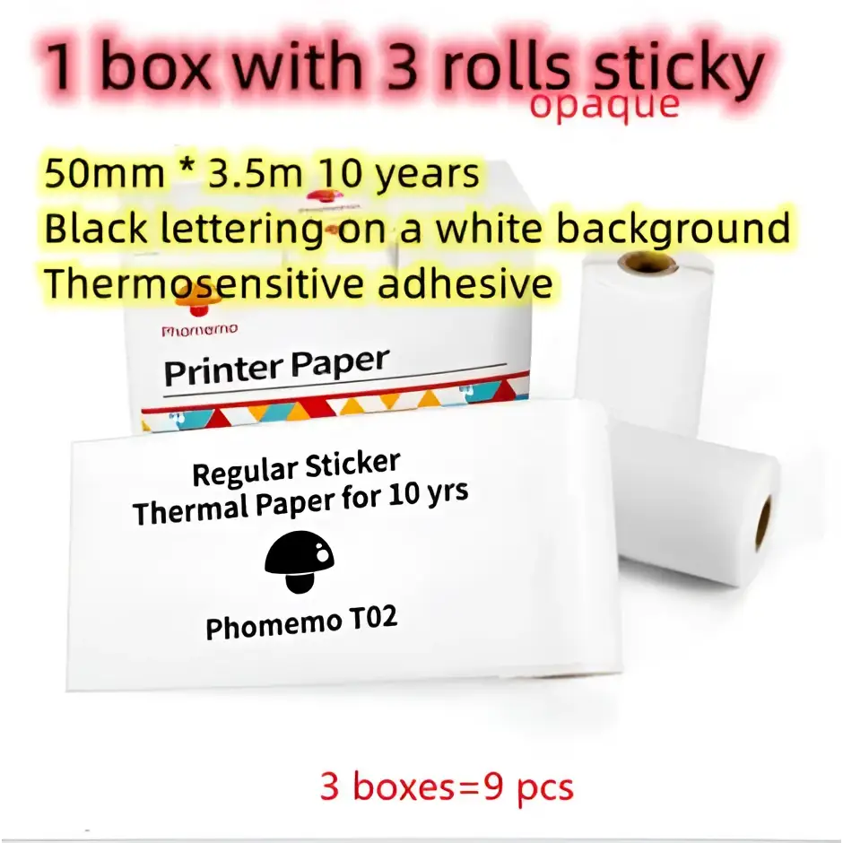 White portable mini label printer thermal paper rolls with black lettering thermosensitive phomemo t02 logo durable 10 years