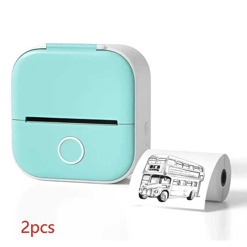 A compact mint green and white portable mini label printer with black lettering thermosensitive sticky paper rolls