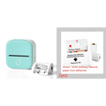 Mint green portable mini label printer with black lettering thermosensitive printing and white accents for sticky paper rolls