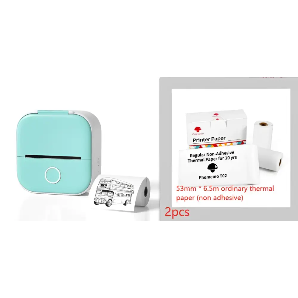 Mint green portable mini label printer with black lettering thermosensitive printing and white accents for sticky paper rolls