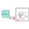 Mint green portable mini label printer with circular button and black lettering thermosensitive paper rolls nearby