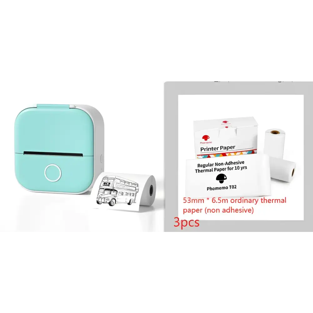 Mint green portable mini label printer with circular button and black lettering thermosensitive paper rolls nearby