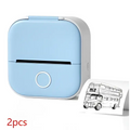 Light blue white portable mini label printer with circular button printing black lettering thermosensitive vintage bus design