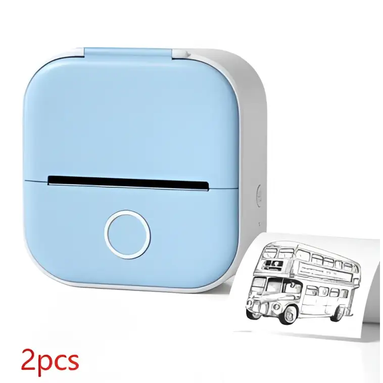 Light blue white portable mini label printer with circular button printing black lettering thermosensitive vintage bus design