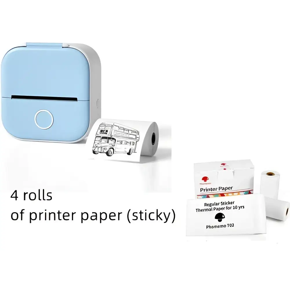 Light blue and white portable mini label printer with a circular button and black lettering thermosensitive printing