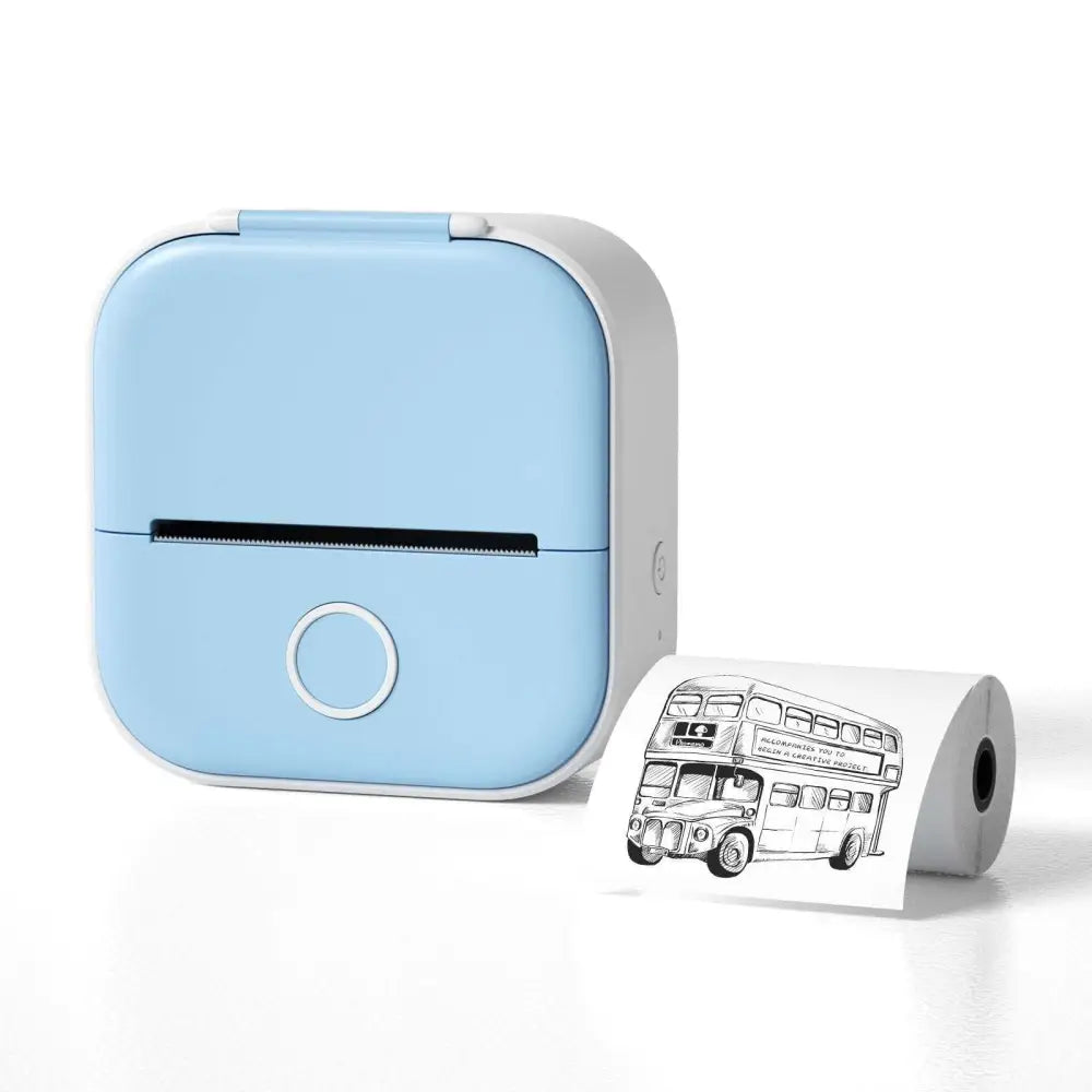 White and light blue portable mini label printer with black lettering thermosensitive printing on sticky paper rolls